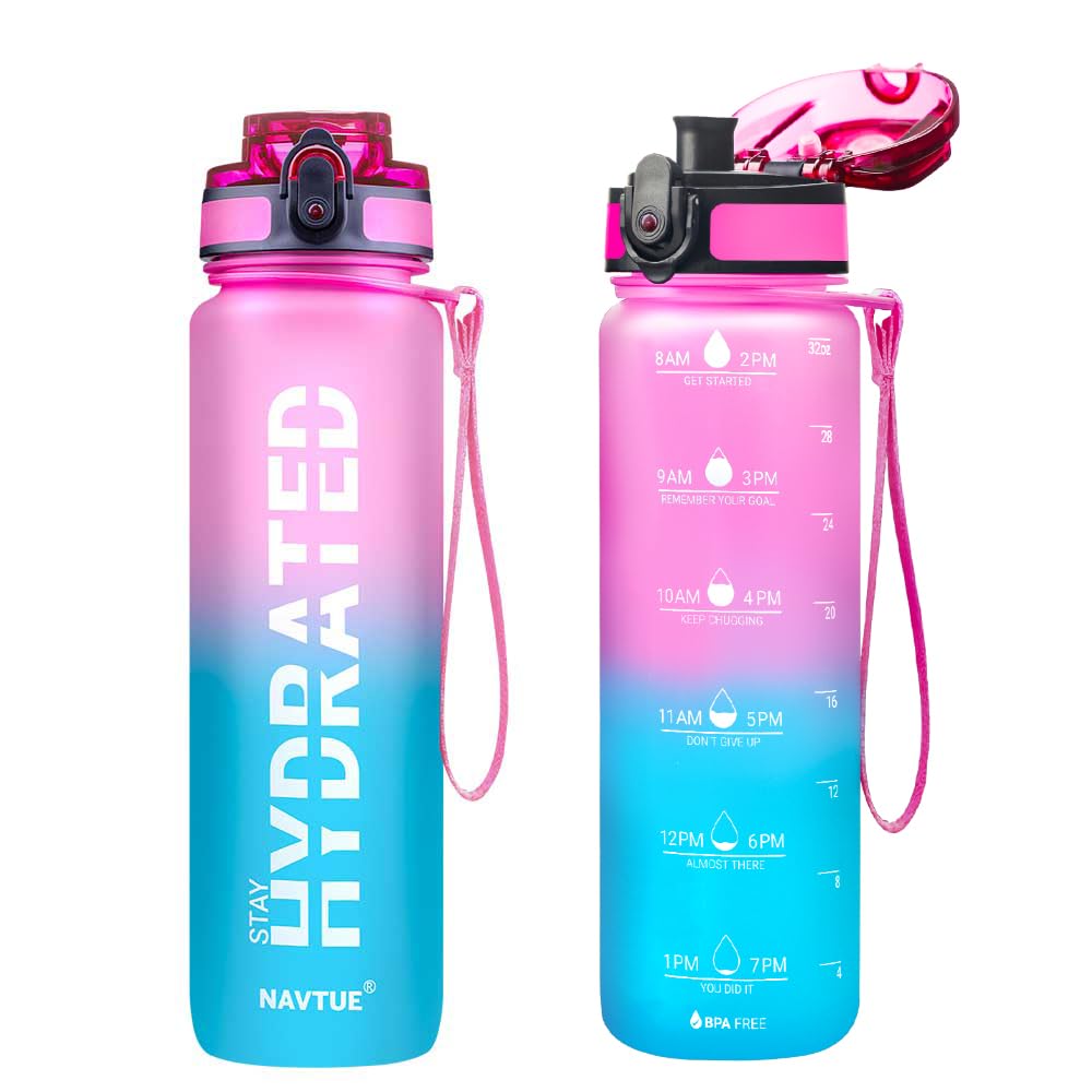 Water Bottle, 16OZ/ 500ML Sports Water Bottles with Time Marker Wide Mouth, Motivational and Leakproof Drink Bottle, BPA Free Tritan with Carry Strap for Gym Fitness Outdoor(1 Bottle)