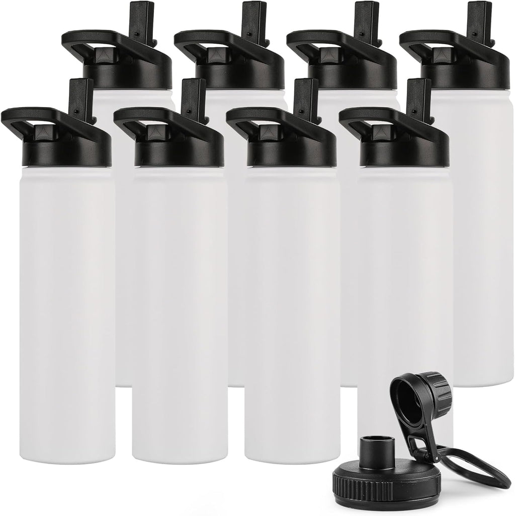 DOMICARE Insulated Water Bottle, 22 oz Vacuum Insulated Stainless Steel Reusable Sports Bottle with Straw Lid & Spout Lid for Travel, Camping, Bike, Leakproof, White, 8 Pack