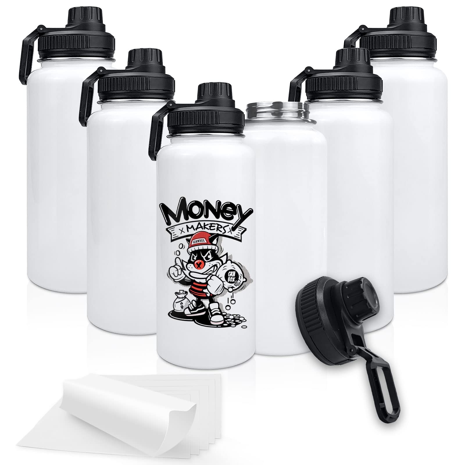 32oz Stainless Steel Sublimation Sports Water Bottle,Insulated Thermos Mugs with Shrink Wrap Films and Wide Mouth Lid,Double Wall Vacuum Tumbler Keeps Liquids Hot or Cold (White 8 PACK)