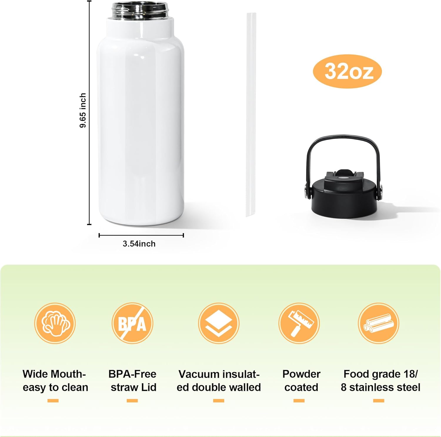 AGH 32 oz Sublimation Water Bottle Blanks, 8 Pack Double Wall Vacuum Flask Stainless Steel Sublimation Tumbler blank Sports Wide Mouth Water Bottle with Straw and Portable Handle