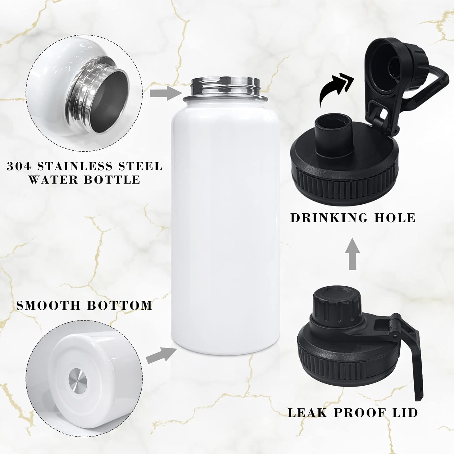 32oz Stainless Steel Sublimation Sports Water Bottle,Insulated Thermos Mugs with Shrink Wrap Films and Wide Mouth Lid,Double Wall Vacuum Tumbler Keeps Liquids Hot or Cold (White 8 PACK)