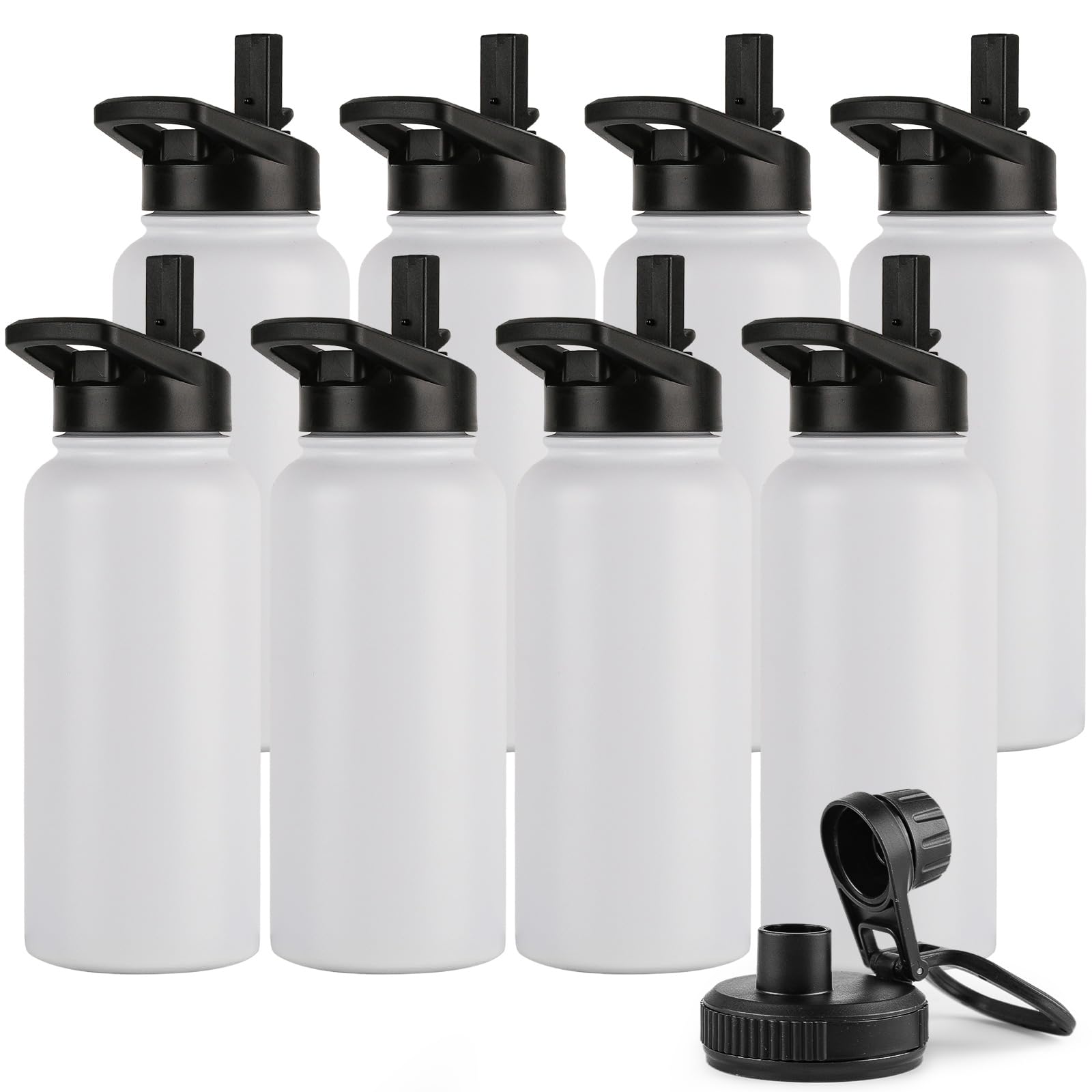 DOMICARE Insulated Water Bottle, 22 oz Vacuum Insulated Stainless Steel Reusable Sports Bottle with Straw Lid & Spout Lid for Travel, Camping, Bike, Leakproof, White, 8 Pack