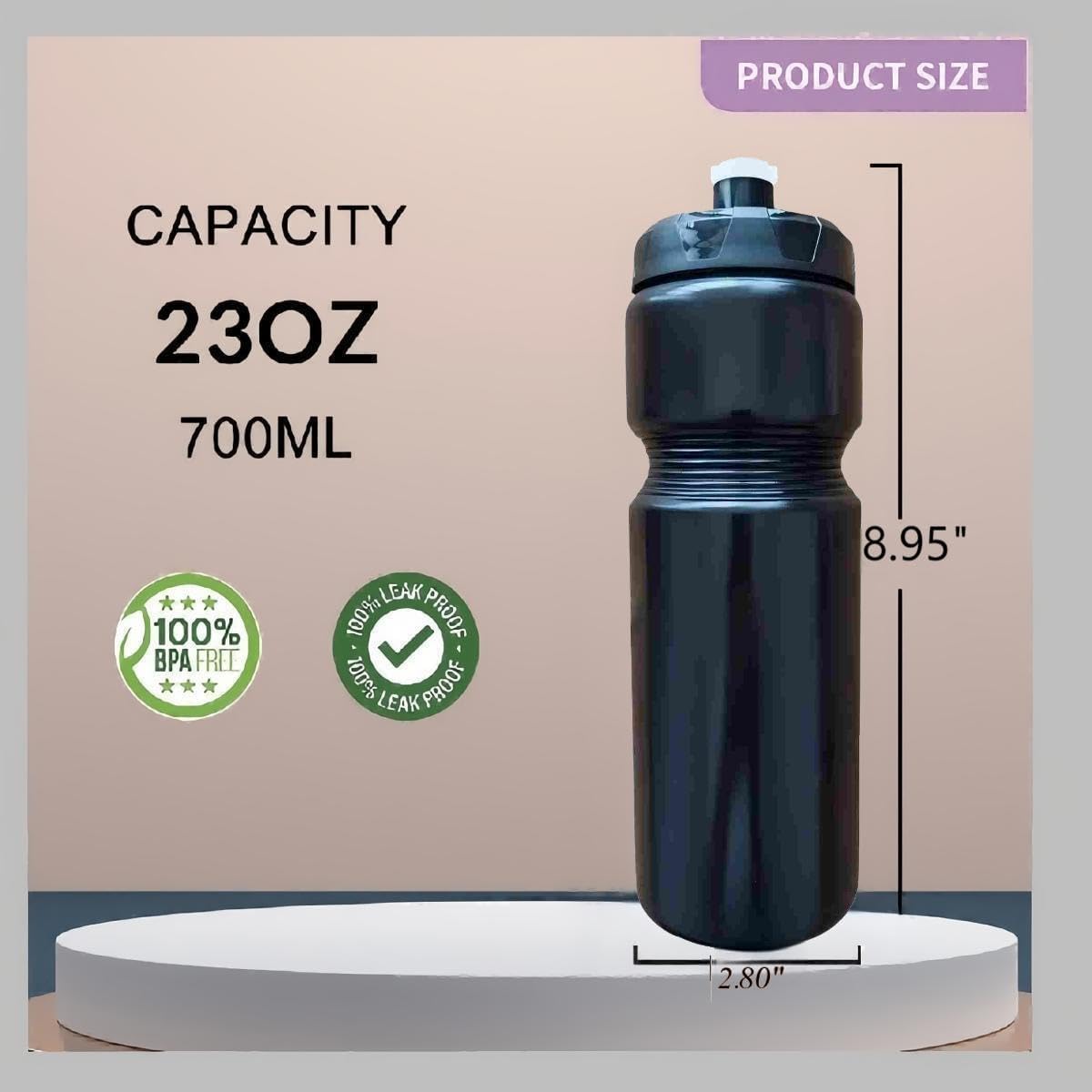 Squeeze Water Bottle Sports 24oz, BPA-Free Bicycle Water Bottle, Fit Bike Cage, Gym Cycling Hiking. (Black)
