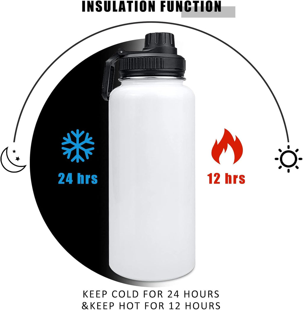 32oz Stainless Steel Sublimation Sports Water Bottle,Insulated Thermos Mugs with Shrink Wrap Films and Wide Mouth Lid,Double Wall Vacuum Tumbler Keeps Liquids Hot or Cold (White 8 PACK)