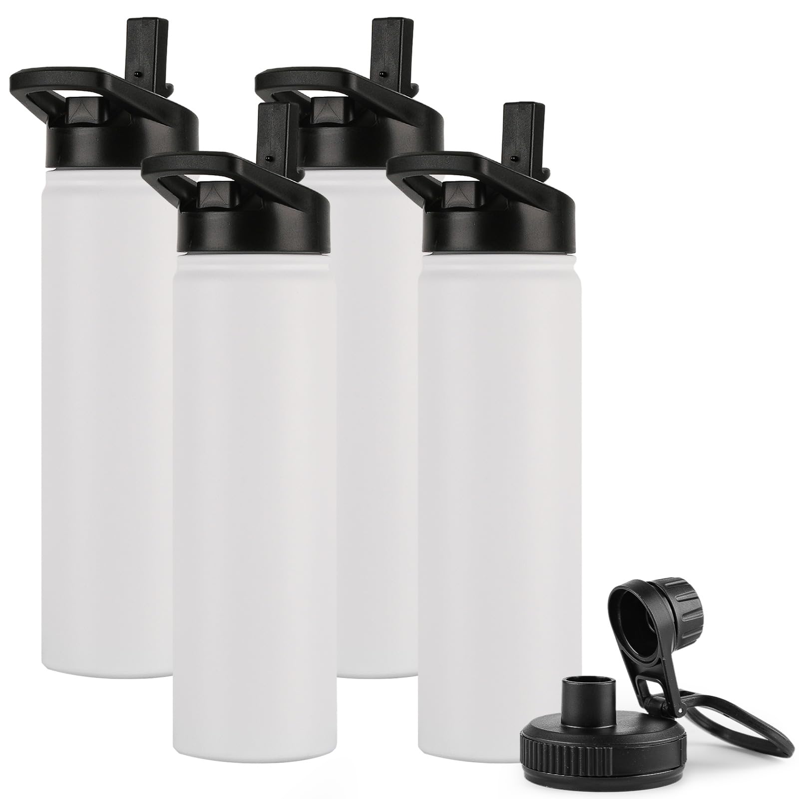 DOMICARE Insulated Water Bottle, 22 oz Vacuum Insulated Stainless Steel Reusable Sports Bottle with Straw Lid & Spout Lid for Travel, Camping, Bike, Leakproof, White, 8 Pack