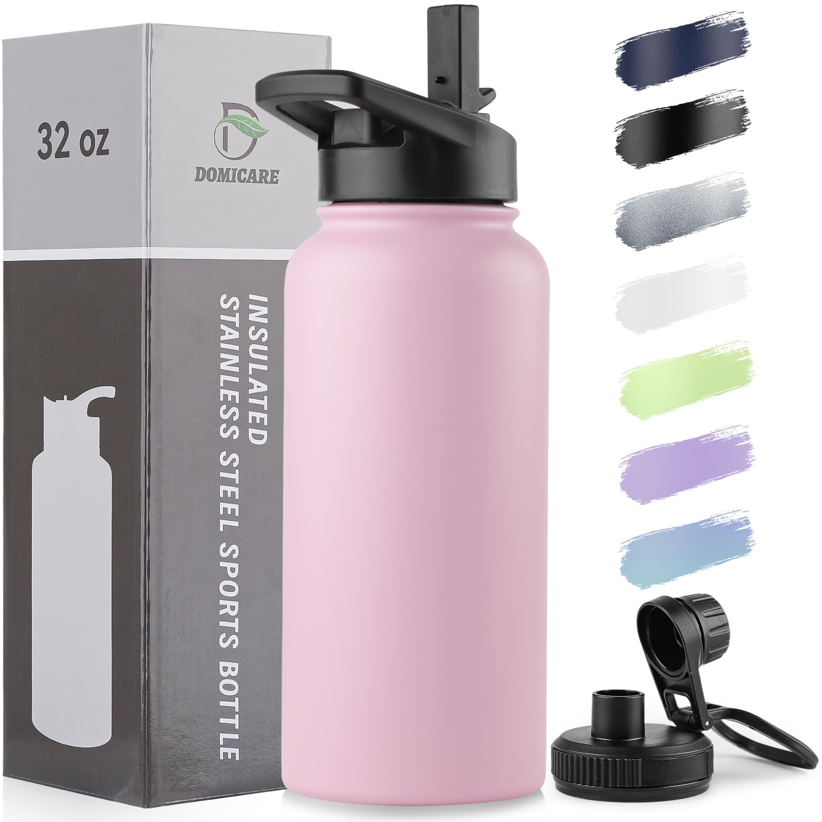 DOMICARE Insulated Water Bottle, 22 oz Vacuum Insulated Stainless Steel Reusable Sports Bottle with Straw Lid & Spout Lid for Travel, Camping, Bike, Leakproof, White, 8 Pack