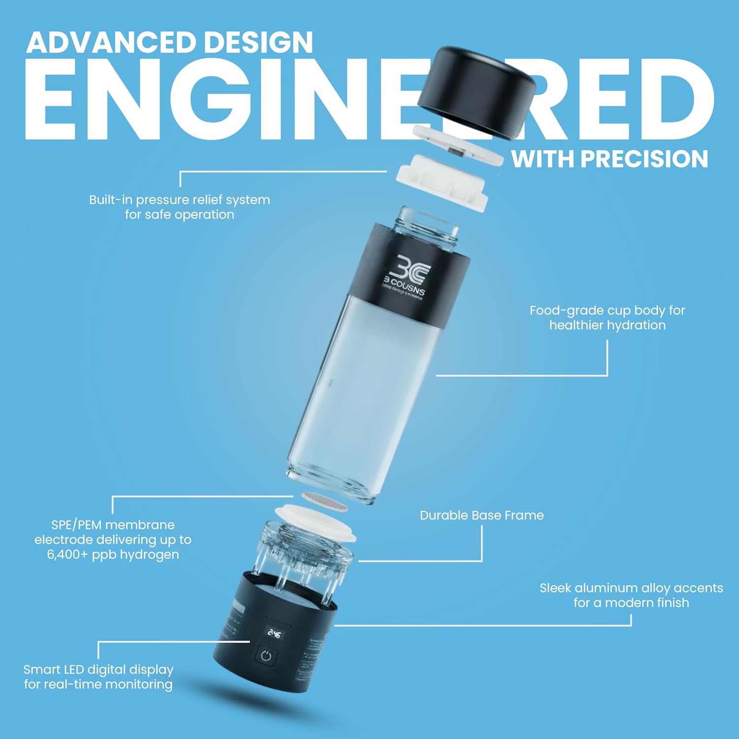 3C Hydrogen Water Bottle – Boost Energy, Detox & Speeds Recovery – Certified H₂ Generator (Up to 6400+ PPB) – Japanese SPE/PEM Tech – 5 & 10 Min Dual Modes with LED Display, USB-C Rechargeable, 9.1 OZ