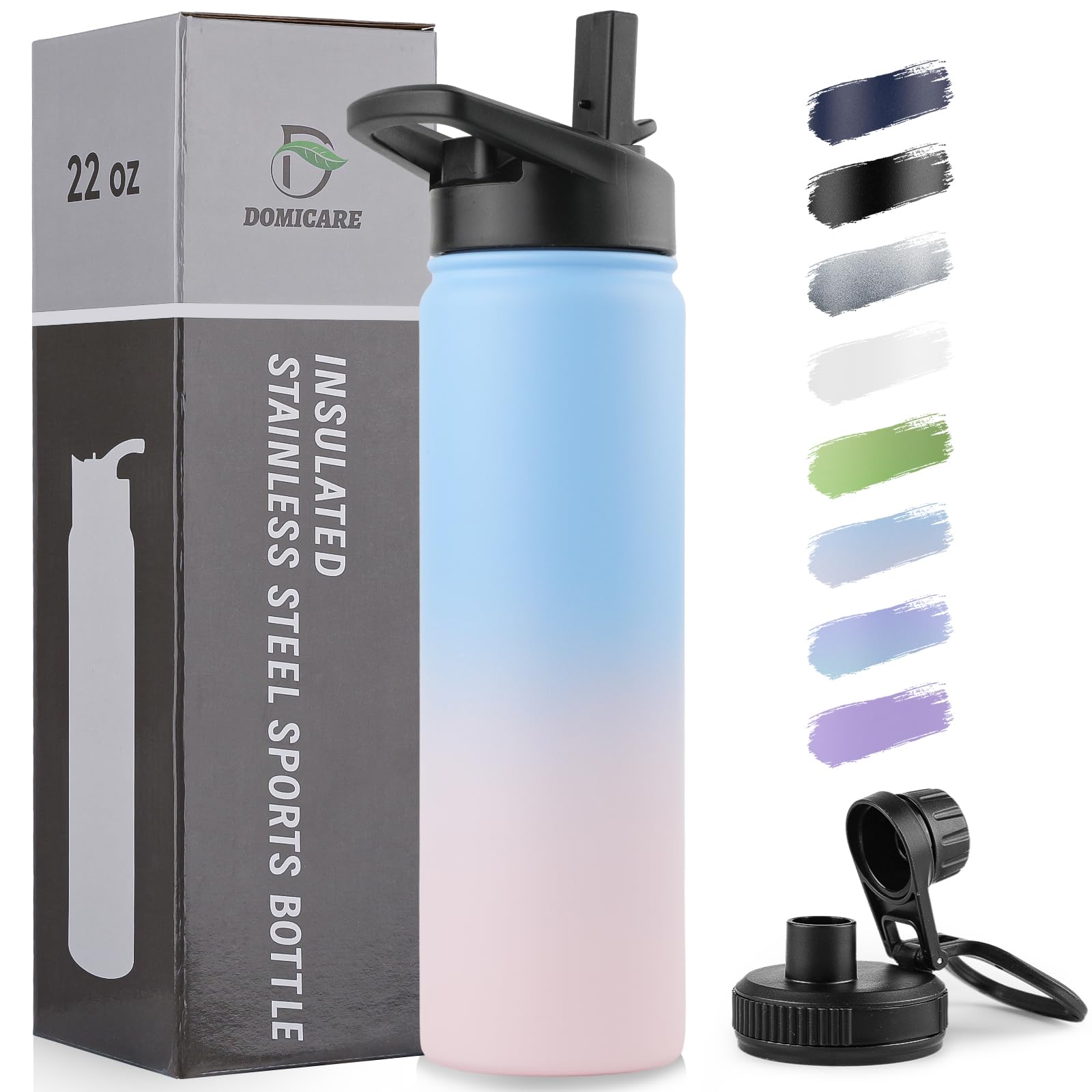 DOMICARE Insulated Water Bottle, 22 oz Vacuum Insulated Stainless Steel Reusable Sports Bottle with Straw Lid & Spout Lid for Travel, Camping, Bike, Leakproof, White, 8 Pack