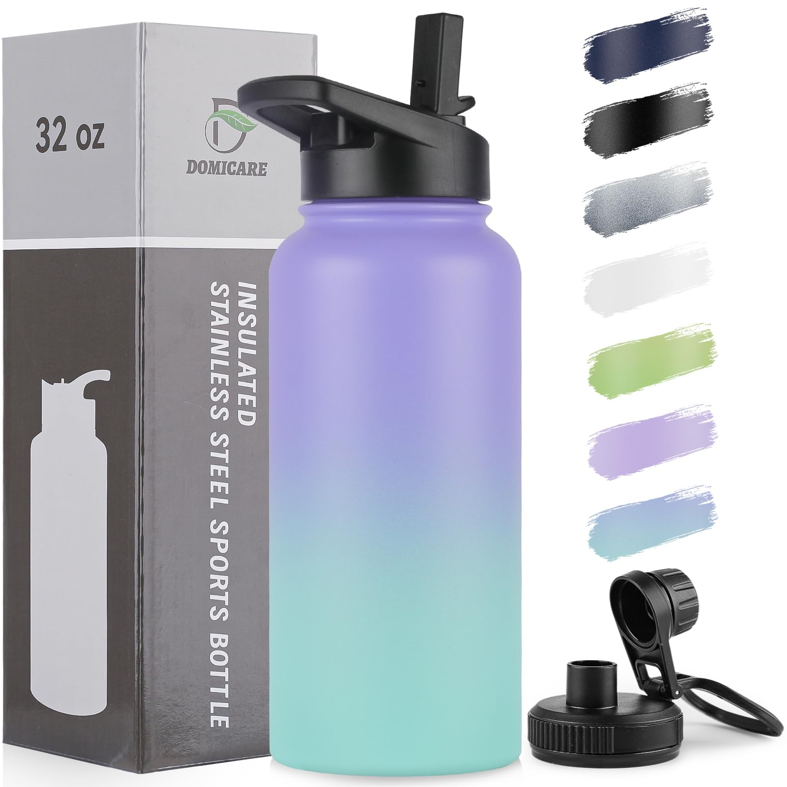 DOMICARE Insulated Water Bottle, 22 oz Vacuum Insulated Stainless Steel Reusable Sports Bottle with Straw Lid & Spout Lid for Travel, Camping, Bike, Leakproof, White, 8 Pack