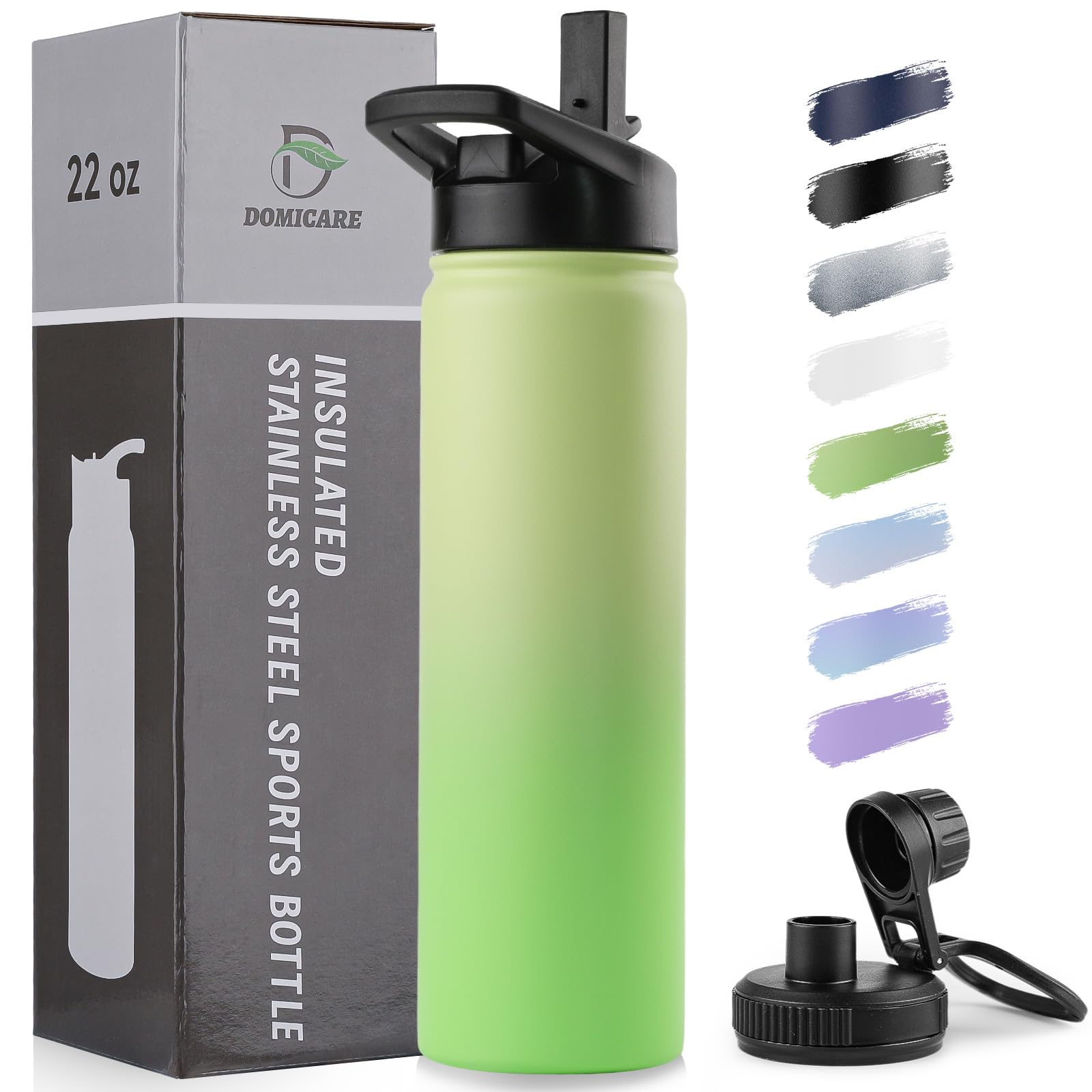 DOMICARE Insulated Water Bottle, 22 oz Vacuum Insulated Stainless Steel Reusable Sports Bottle with Straw Lid & Spout Lid for Travel, Camping, Bike, Leakproof, White, 8 Pack