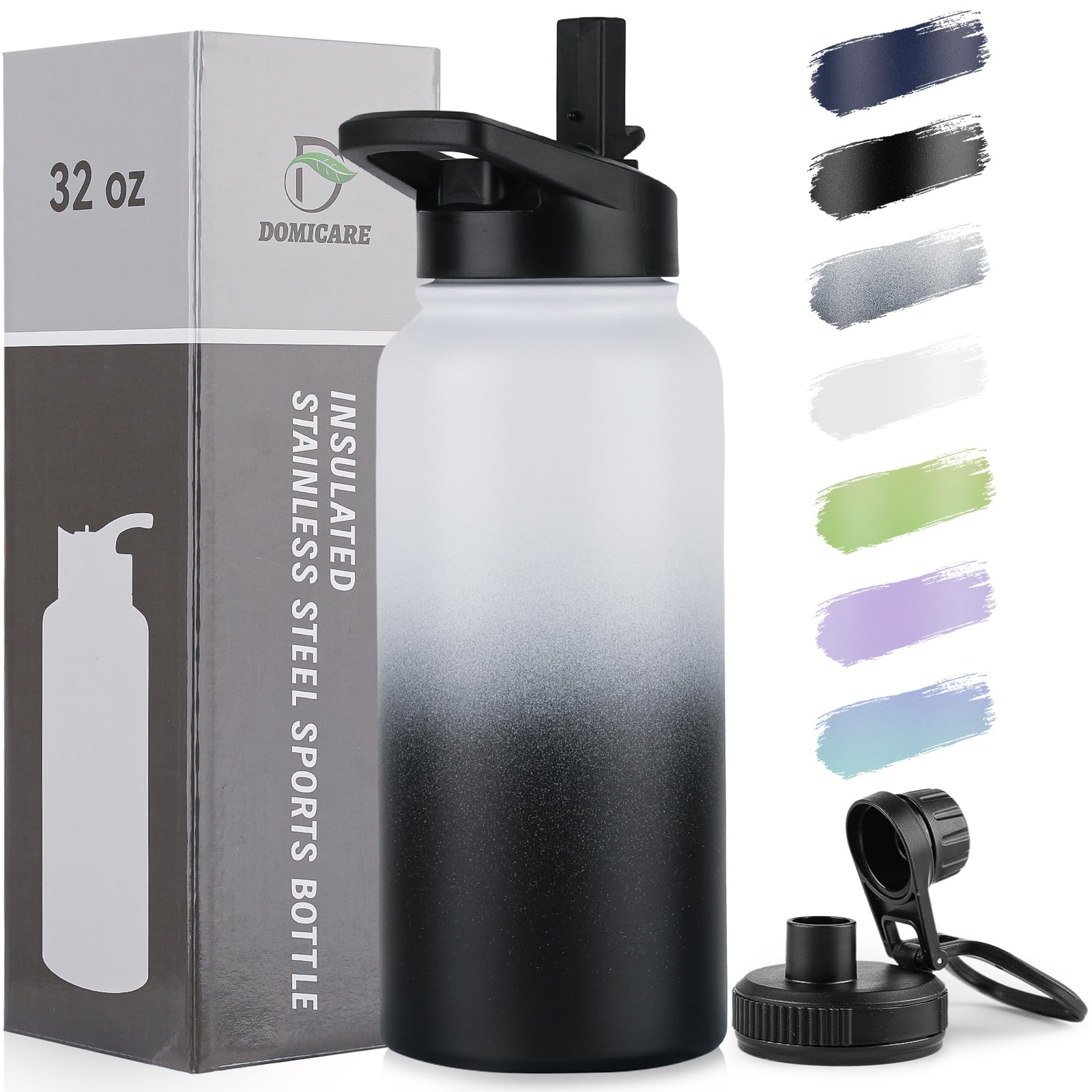 DOMICARE Insulated Water Bottle, 22 oz Vacuum Insulated Stainless Steel Reusable Sports Bottle with Straw Lid & Spout Lid for Travel, Camping, Bike, Leakproof, White, 8 Pack