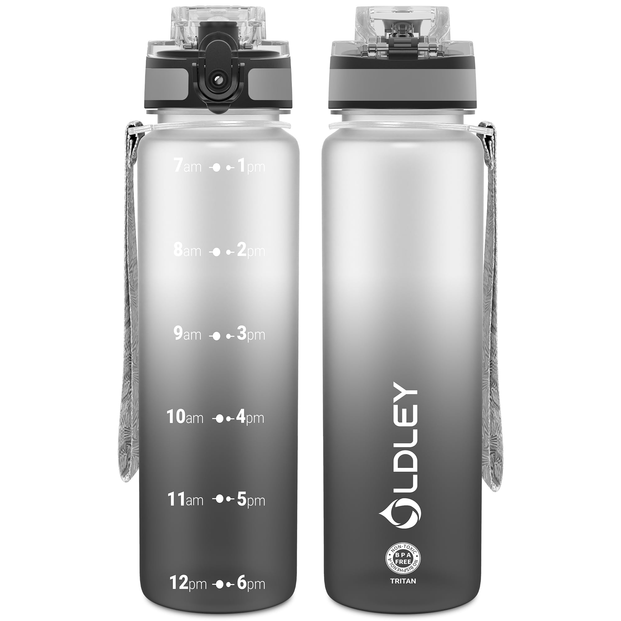 OLDLEY 32 oz Water Bottle, Motivational Water Bottle with Time Marker, Sports Water Bottle With Strap, Leakproof & BPA Free Large Water Bottles for School, Gym, Travel, Outdoor, Tritan, Transparent