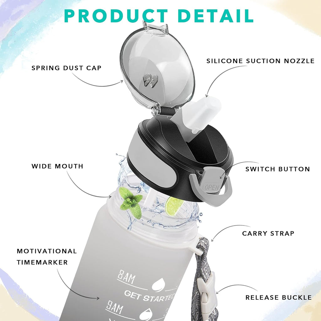 Enerbone 32 oz Drinking Water Bottle with Times to Drink and Straw, Motivational with Carrying Strap, Leakproof BPA & Toxic Free, Ensure You Drink Enough Water for Fitness Gym Outdoor