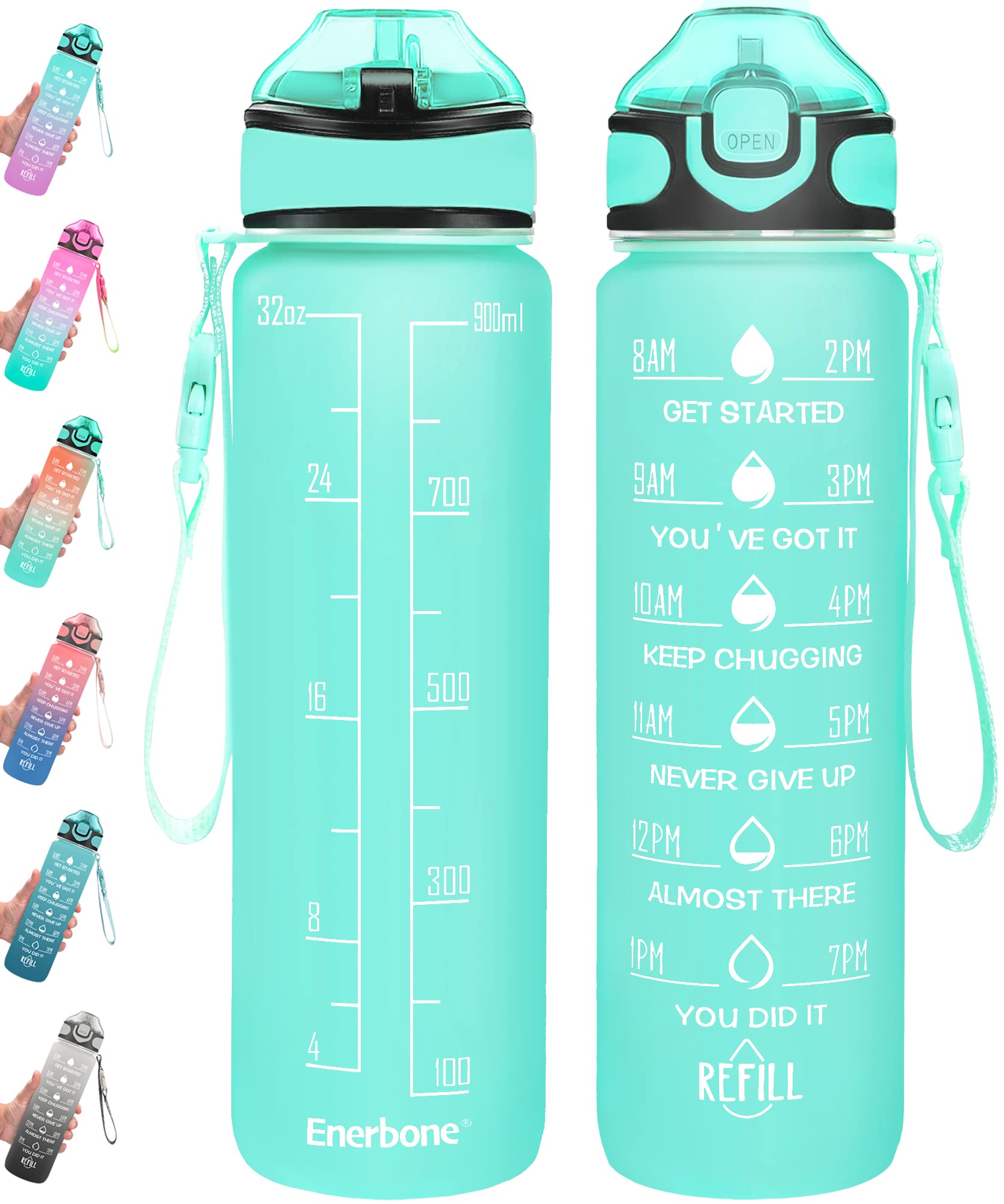 Enerbone 32 oz Drinking Water Bottle with Times to Drink and Straw, Motivational with Carrying Strap, Leakproof BPA & Toxic Free, Ensure You Drink Enough Water for Fitness Gym Outdoor
