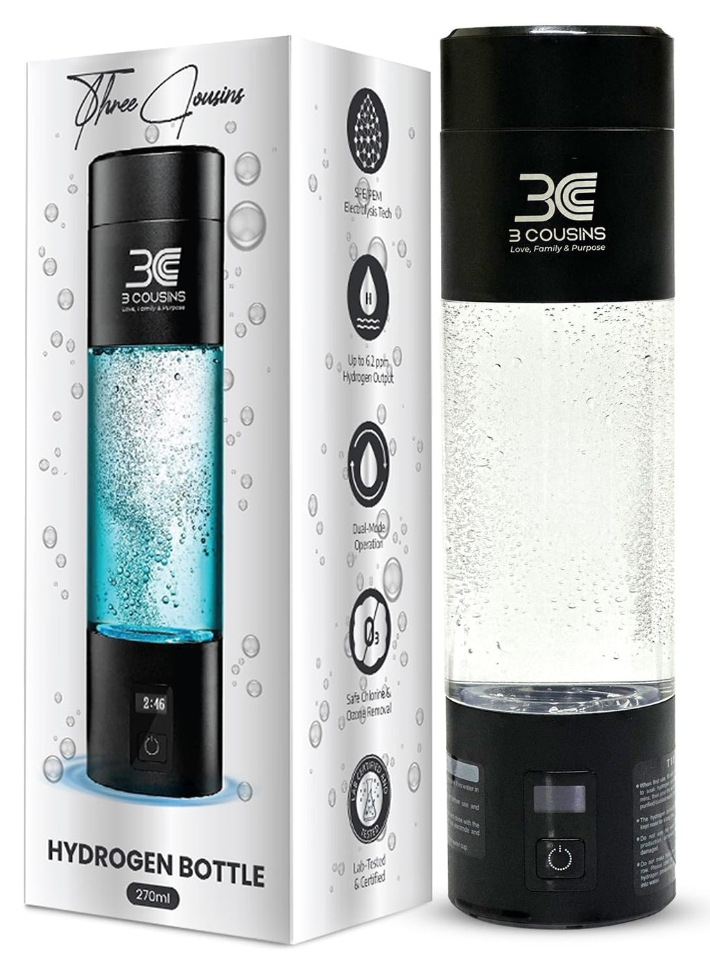 3C Hydrogen Water Bottle – Boost Energy, Detox & Speeds Recovery – Certified H₂ Generator (Up to 6400+ PPB) – Japanese SPE/PEM Tech – 5 & 10 Min Dual Modes with LED Display, USB-C Rechargeable, 9.1 OZ