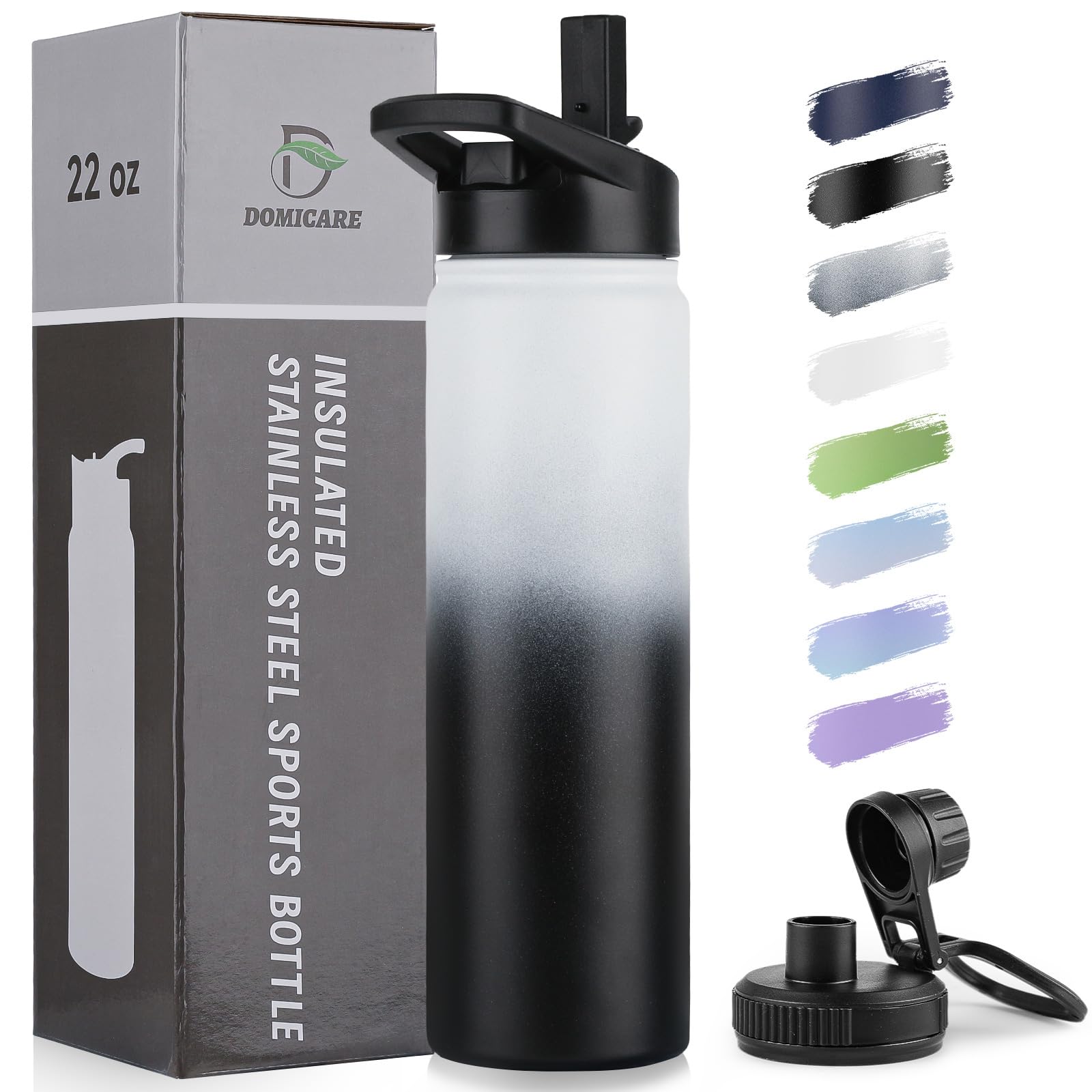 DOMICARE Insulated Water Bottle, 22 oz Vacuum Insulated Stainless Steel Reusable Sports Bottle with Straw Lid & Spout Lid for Travel, Camping, Bike, Leakproof, White, 8 Pack