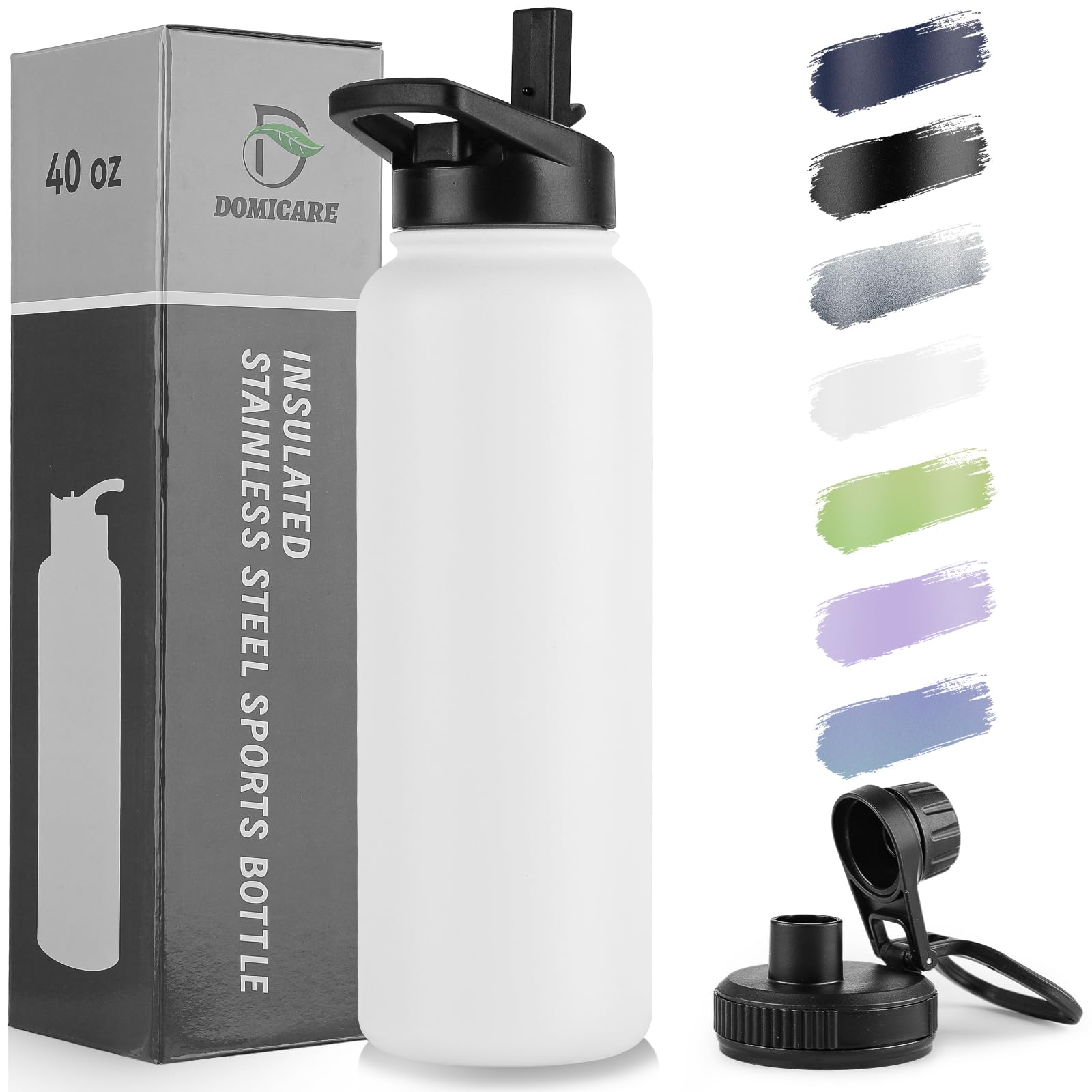 DOMICARE Insulated Water Bottle, 22 oz Vacuum Insulated Stainless Steel Reusable Sports Bottle with Straw Lid & Spout Lid for Travel, Camping, Bike, Leakproof, White, 8 Pack