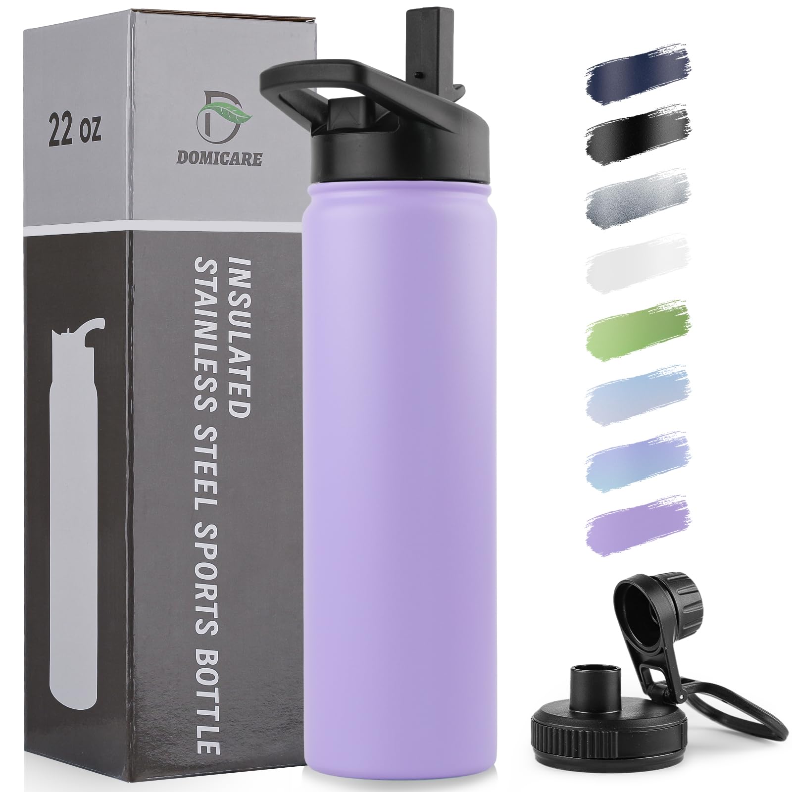 DOMICARE Insulated Water Bottle, 22 oz Vacuum Insulated Stainless Steel Reusable Sports Bottle with Straw Lid & Spout Lid for Travel, Camping, Bike, Leakproof, White, 8 Pack