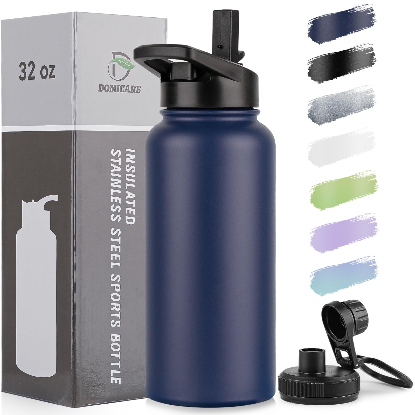 DOMICARE Insulated Water Bottle, 22 oz Vacuum Insulated Stainless Steel Reusable Sports Bottle with Straw Lid & Spout Lid for Travel, Camping, Bike, Leakproof, White, 8 Pack