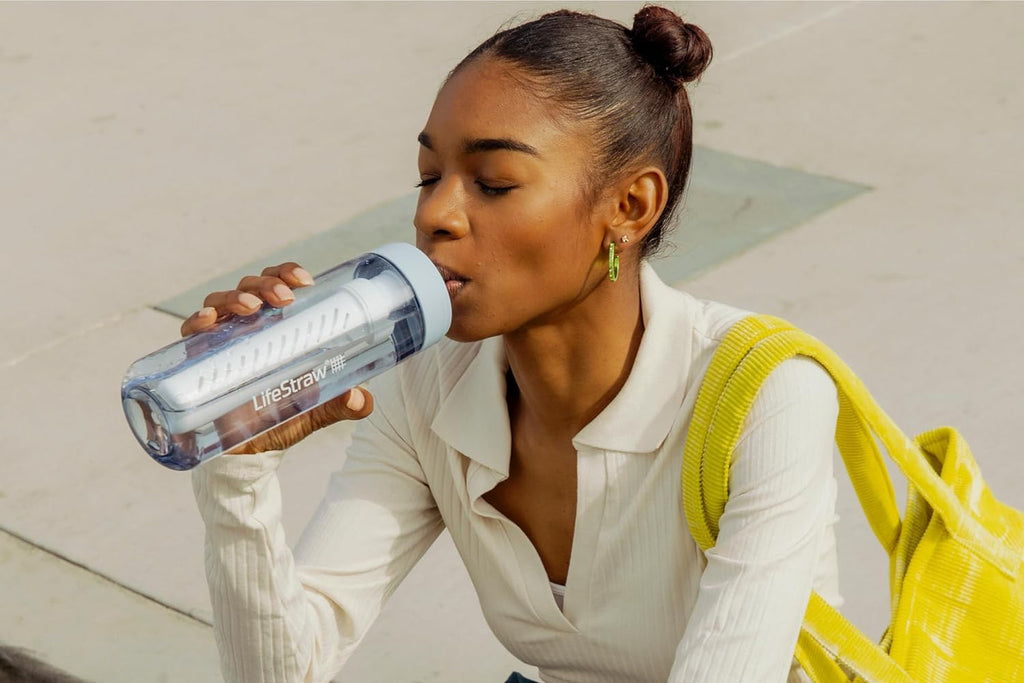 LifeStraw Go Series, BPA-Free Water Bottle for Travel and Everyday Use Removes Bacteria, Parasites, Microplastics, Improves Taste, 22oz 2-Pack; Icelandic Blue and Aegean Sea