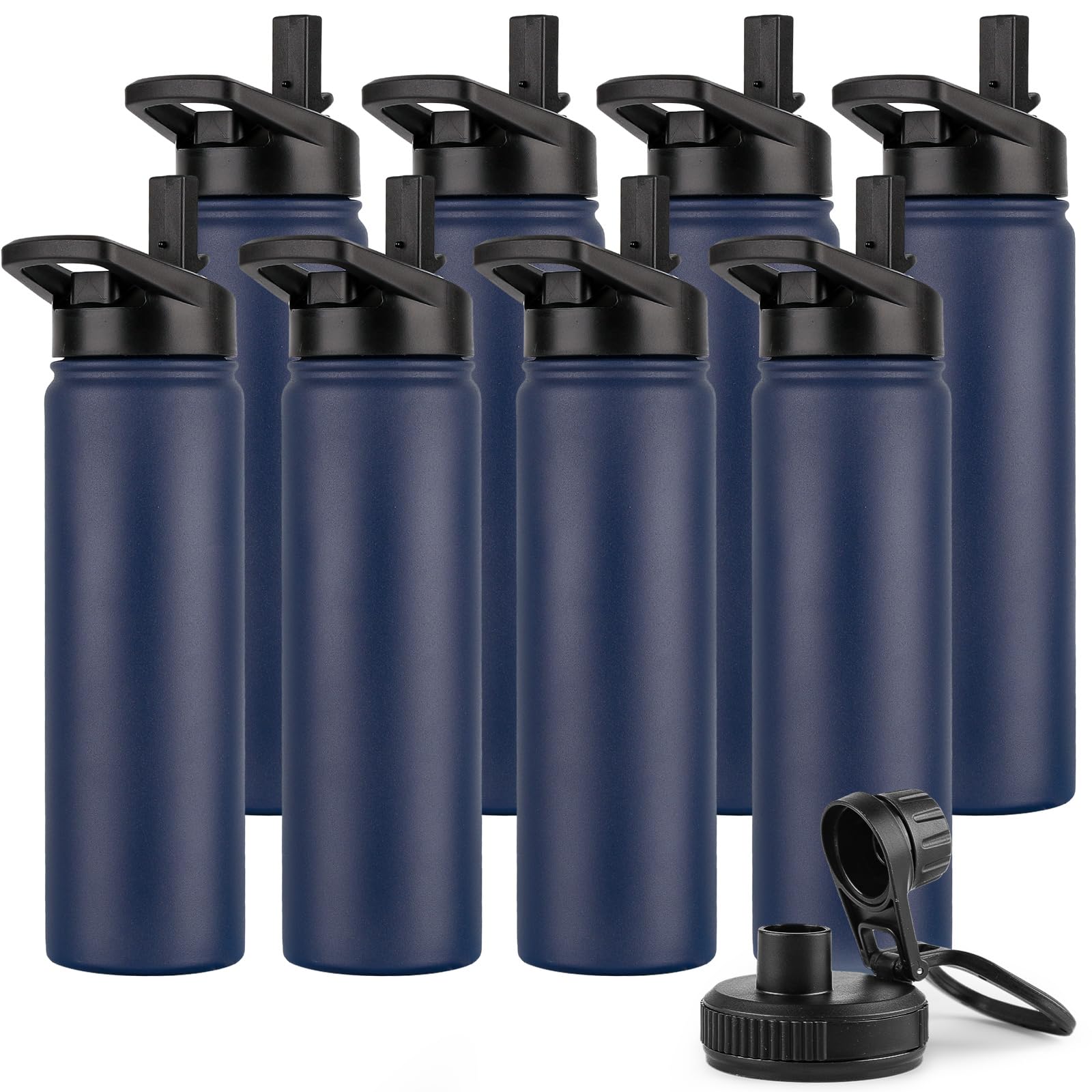 DOMICARE Insulated Water Bottle, 22 oz Vacuum Insulated Stainless Steel Reusable Sports Bottle with Straw Lid & Spout Lid for Travel, Camping, Bike, Leakproof, White, 8 Pack