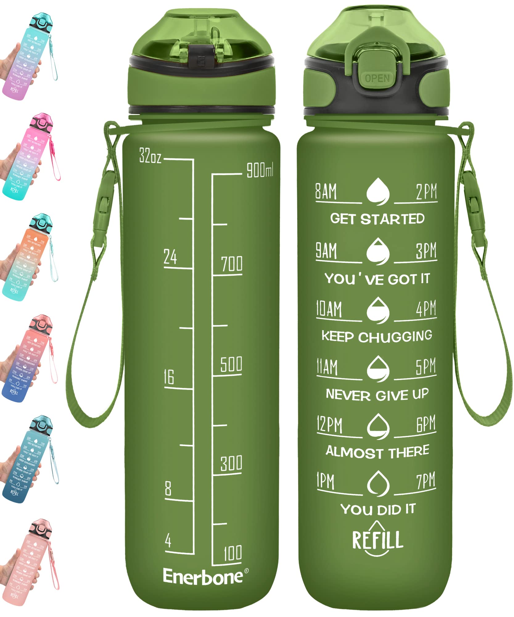 Enerbone 32 oz Drinking Water Bottle with Times to Drink and Straw, Motivational with Carrying Strap, Leakproof BPA & Toxic Free, Ensure You Drink Enough Water for Fitness Gym Outdoor