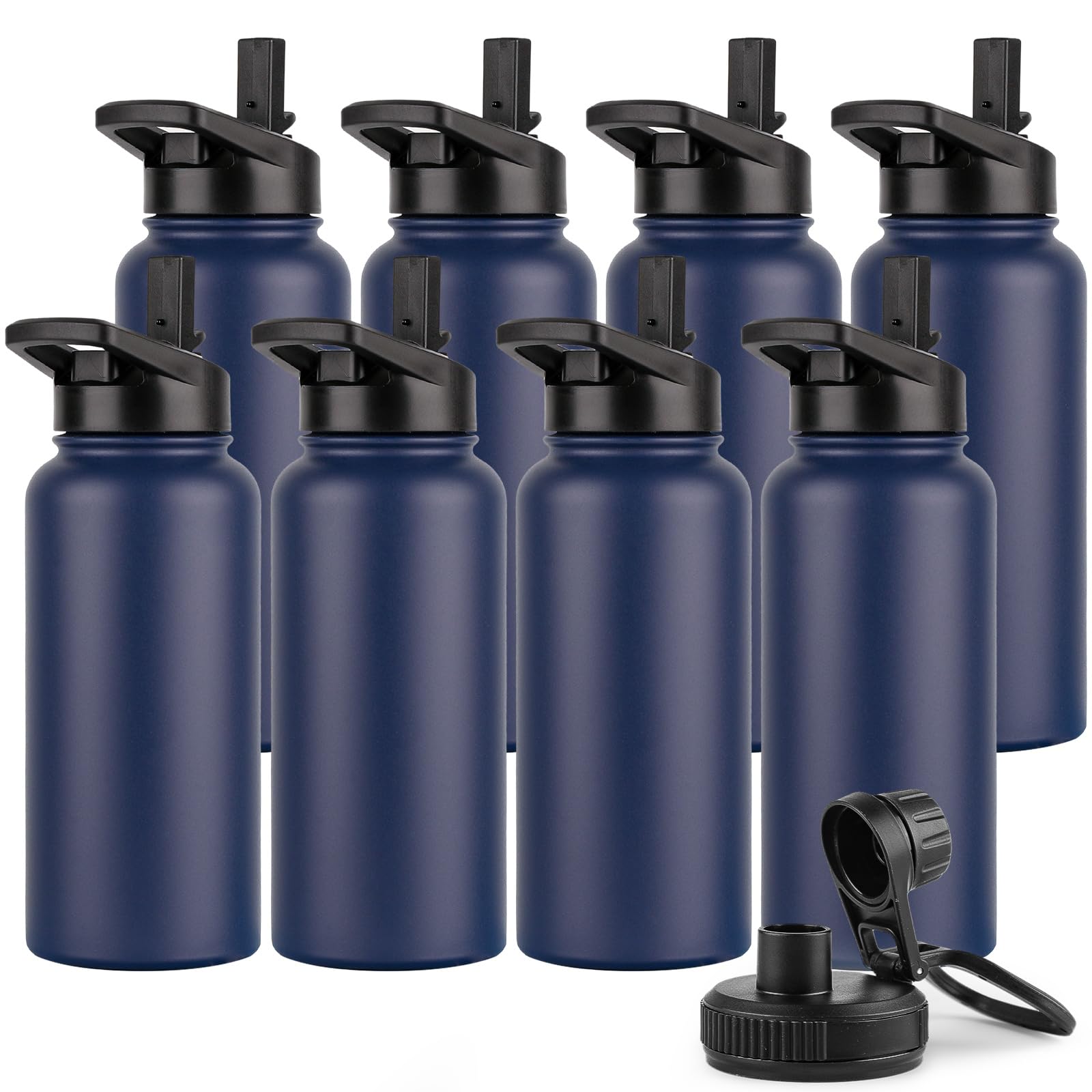 DOMICARE Insulated Water Bottle, 22 oz Vacuum Insulated Stainless Steel Reusable Sports Bottle with Straw Lid & Spout Lid for Travel, Camping, Bike, Leakproof, White, 8 Pack