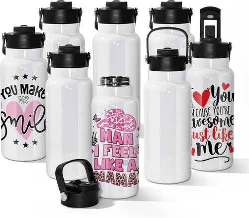 AGH 32 oz Sublimation Water Bottle Blanks, 8 Pack Double Wall Vacuum Flask Stainless Steel Sublimation Tumbler blank Sports Wide Mouth Water Bottle with Straw and Portable Handle