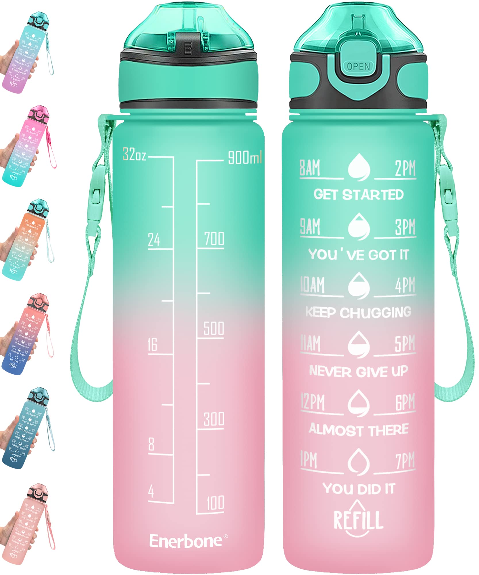Enerbone 32 oz Drinking Water Bottle with Times to Drink and Straw, Motivational with Carrying Strap, Leakproof BPA & Toxic Free, Ensure You Drink Enough Water for Fitness Gym Outdoor