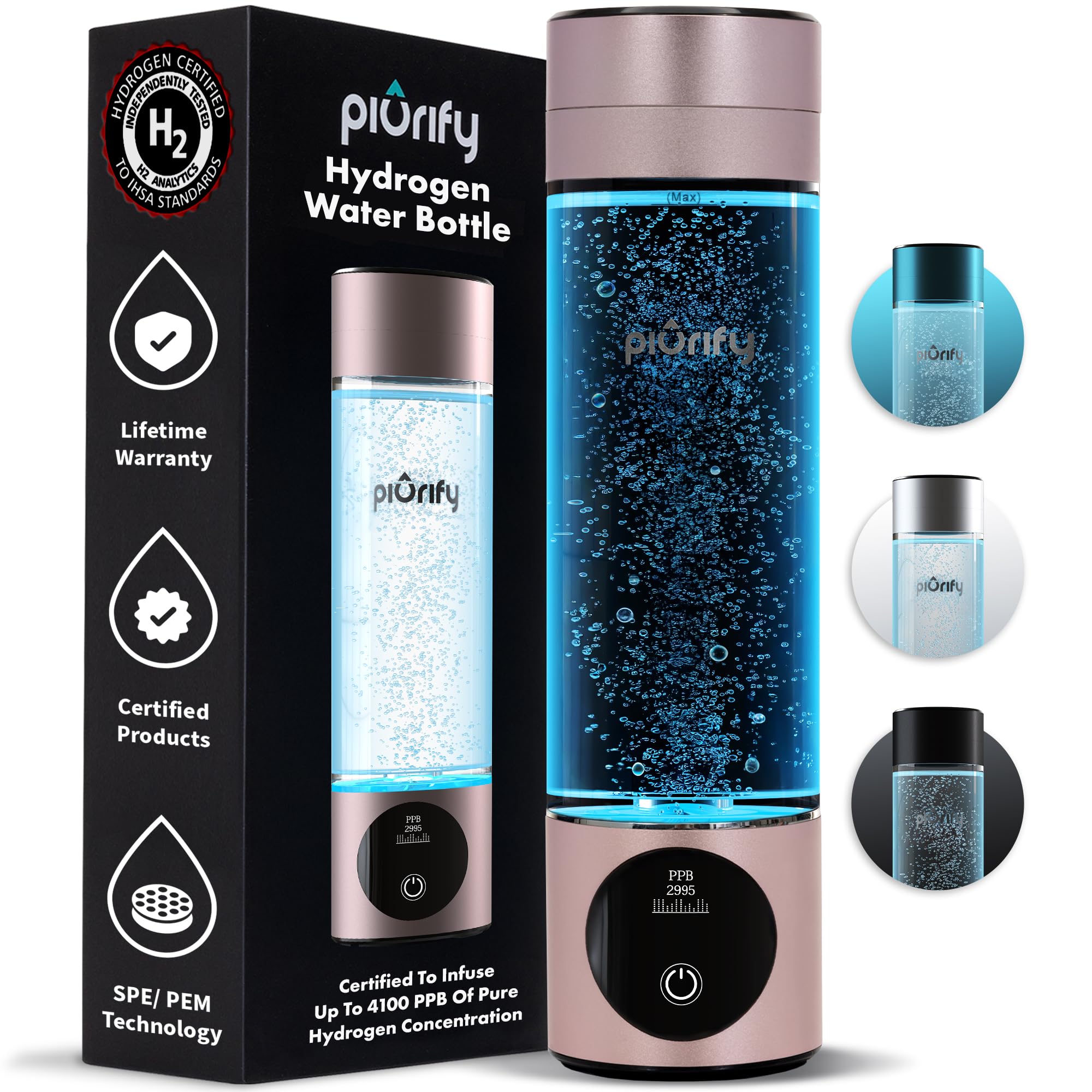 Hydrogen Water Bottle Generator - Up to 4100+ PPB Concentration - SPE/PEM Technology - Certified H2 Generator - Portable Athletic Performance & Hydration System - 6-Hour Hydrogen Retention