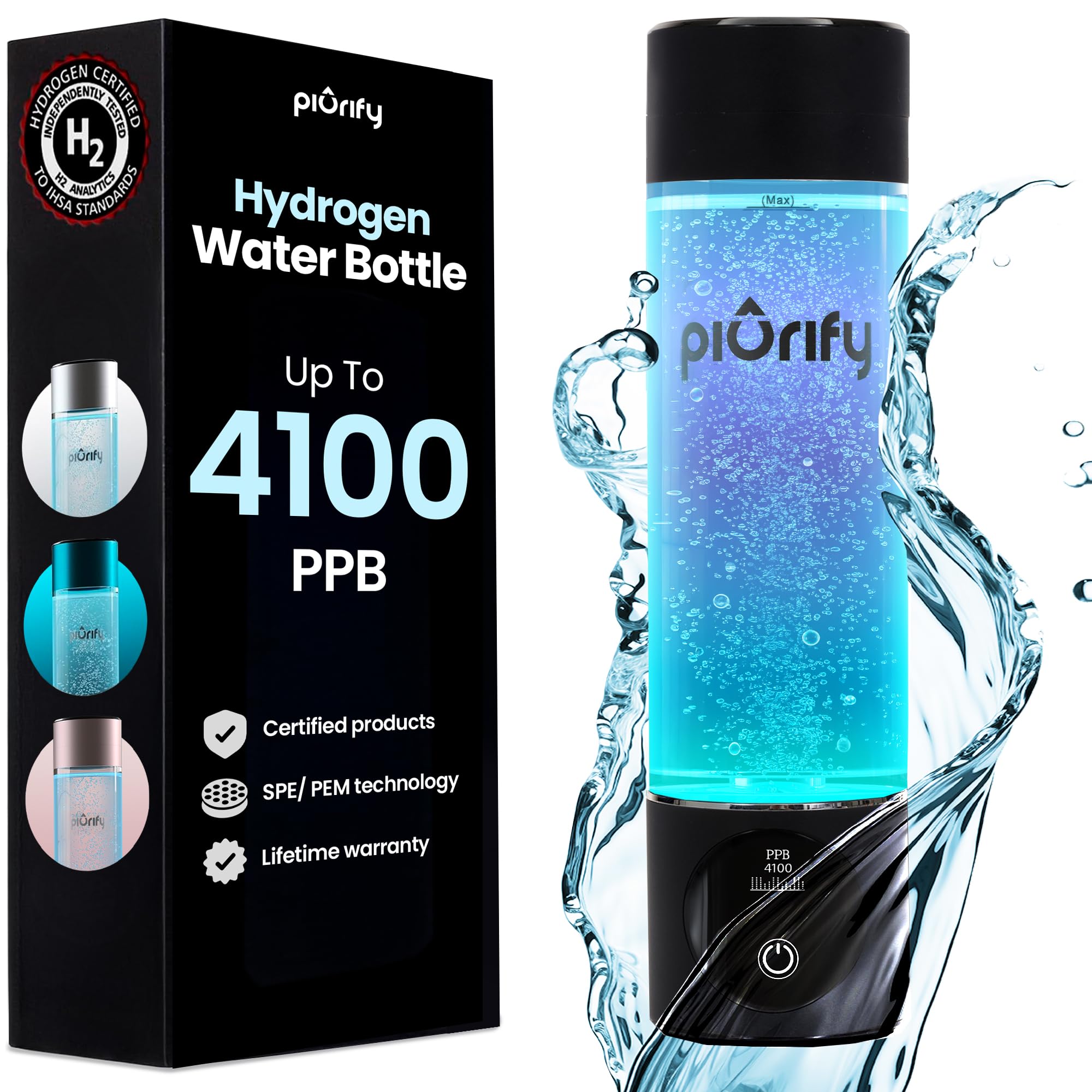 Hydrogen Water Bottle Generator - Up to 4100+ PPB Concentration - SPE/PEM Technology - Certified H2 Generator - Portable Athletic Performance & Hydration System - 6-Hour Hydrogen Retention
